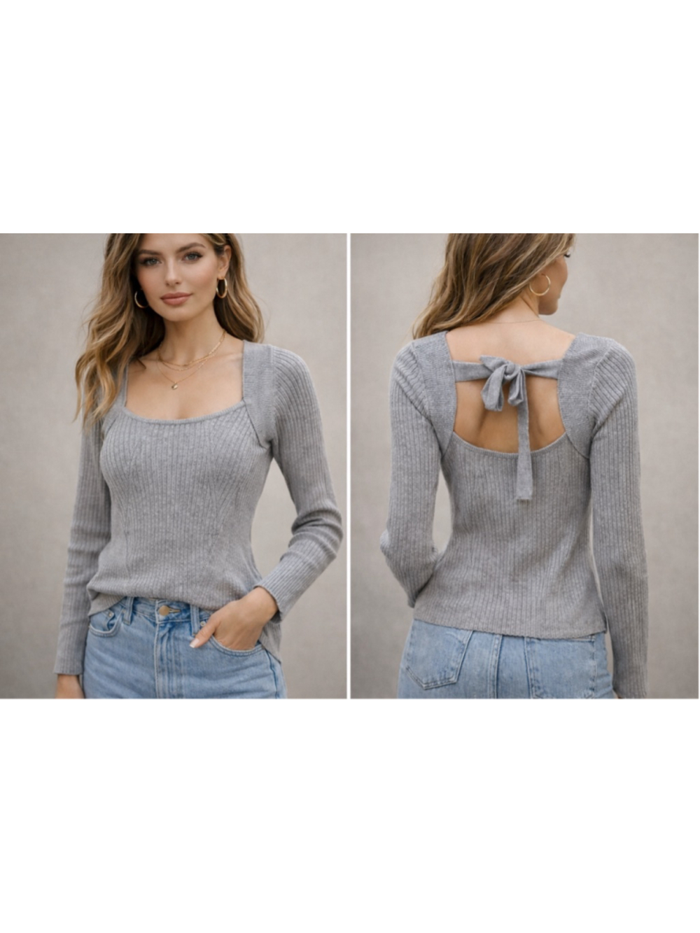 Lovers + Friends Ribbed Open Back Tie Top Gray Long Sleeve Medium